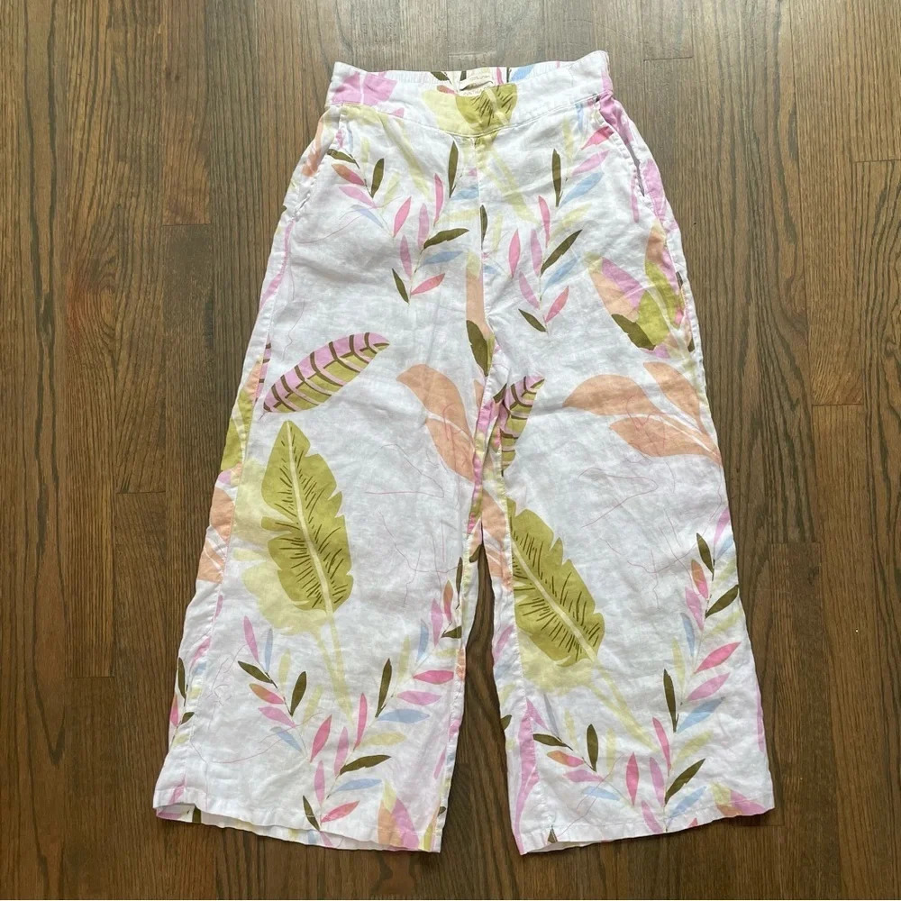 Cynthia Rowley 100% Linen Wide Leg Crop Pant Pockets Elastic Waist Pull On Small